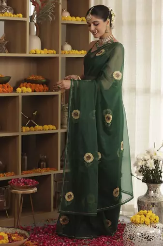 Green plain organza saree with sunflower embroidery