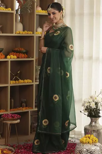 Green plain organza saree with sunflower embroidery