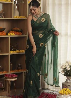 Green plain organza saree with sunflower embroidery 5