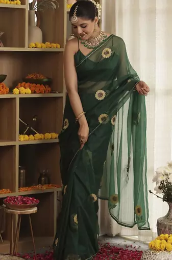 Green plain organza saree with sunflower embroidery