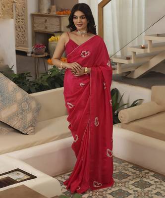Pink plain silk blend saree with butterfly hand embroidery 1