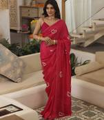 Pink plain silk blend saree with butterfly hand embroidery