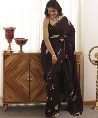 Wine plain silk blend saree with leopard design embroidery 2
