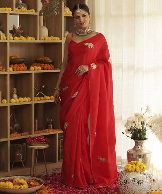 Red plain silk blend saree 1