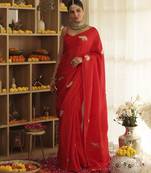 Red plain silk blend saree