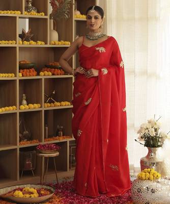 Red plain silk blend saree 2