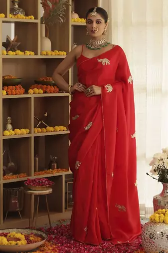 Red plain silk blend saree