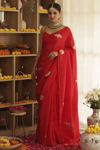 Red plain silk blend saree