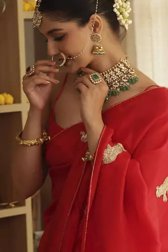 Red plain silk blend saree
