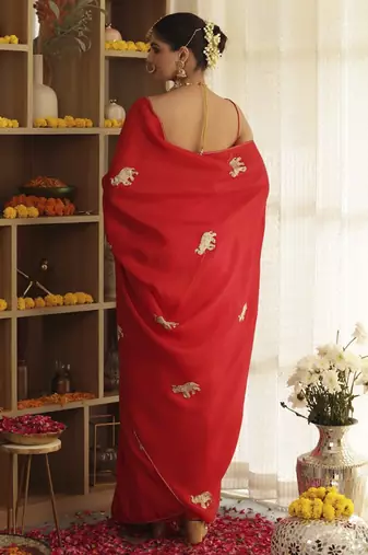 Red plain silk blend saree