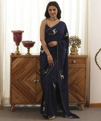 Navy plain silk blend saree with deer design embroidery 1