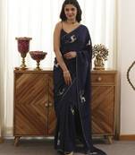 Navy plain silk blend saree with deer design embroidery