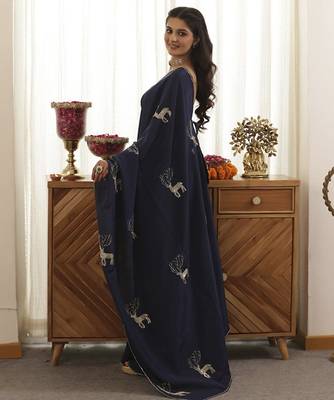 Navy plain silk blend saree with deer design embroidery 2