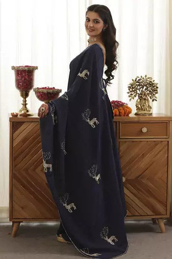Navy plain silk blend saree with deer design embroidery