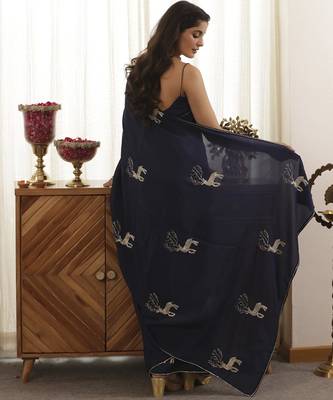 Navy plain silk blend saree with deer design embroidery 5