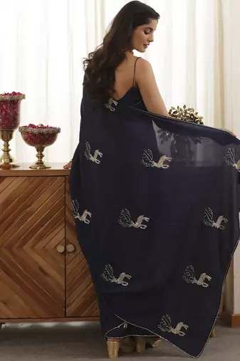 Navy plain silk blend saree with deer design embroidery