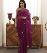 Purple plain organza saree with chand design embroidery
