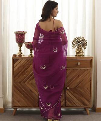 Purple plain organza saree with chand design embroidery 2