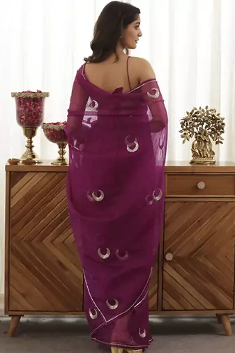 Purple plain organza saree with chand design embroidery