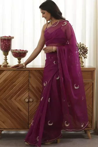 Purple plain organza saree with chand design embroidery