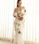 White plain organza saree with cutdana tiger motif