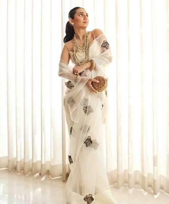 White plain organza saree with cutdana tiger motif 2