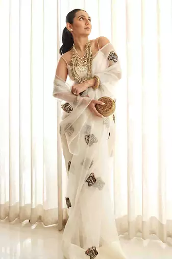 White plain organza saree with cutdana tiger motif