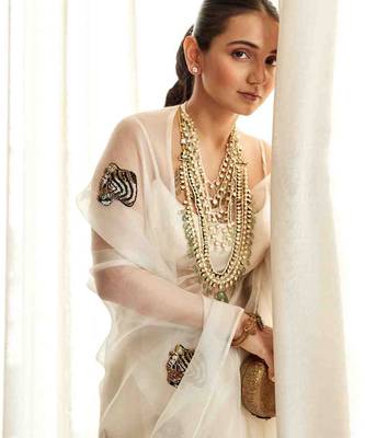 White plain organza saree with cutdana tiger motif 3