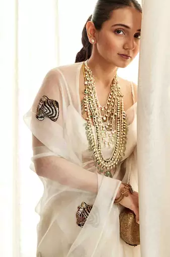 White plain organza saree with cutdana tiger motif