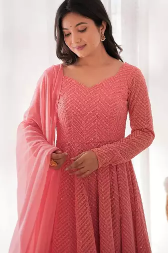 Chikankari Style Peach Anarkali Kurta Set     Ethnic Elegance