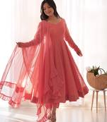 Chikankari Style Peach Anarkali Kurta Set     Ethnic Elegance