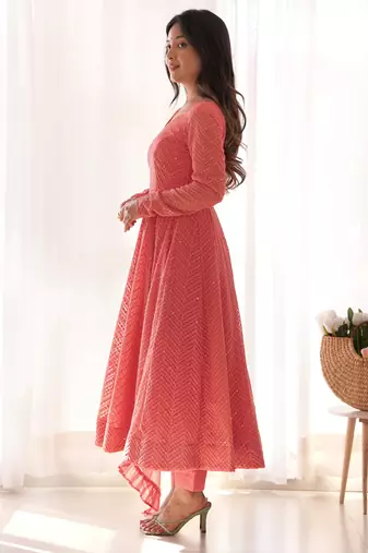 Chikankari Style Peach Anarkali Kurta Set     Ethnic Elegance