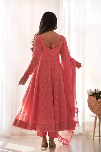 Chikankari Style Peach Anarkali Kurta Set     Ethnic Elegance