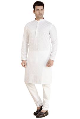 Arruga White Cotton Poly chikankari Full Sleeve kurta pajama set for mens 1