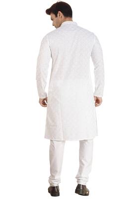 Arruga White Cotton Poly chikankari Full Sleeve kurta pajama set for mens 2