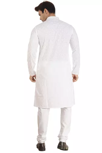 Arruga White Cotton Poly chikankari Full Sleeve kurta pajama set for mens