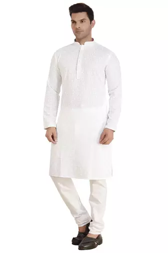 Arruga White Cotton Poly chikankari Full Sleeve kurta pajama set for mens