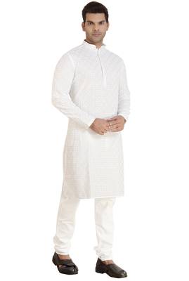 Arruga White Cotton Poly chikankari Full Sleeve kurta pajama set for mens 4