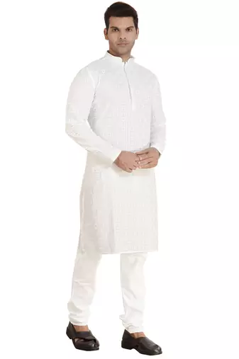 Arruga White Cotton Poly chikankari Full Sleeve kurta pajama set for mens