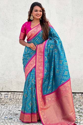 Skyblue silk blend saree with blouse