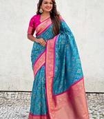 Skyblue silk blend saree with blouse
