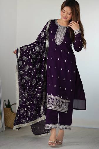 Graceful Purple Ethnic Set with White Silk Straight Kurta Pant