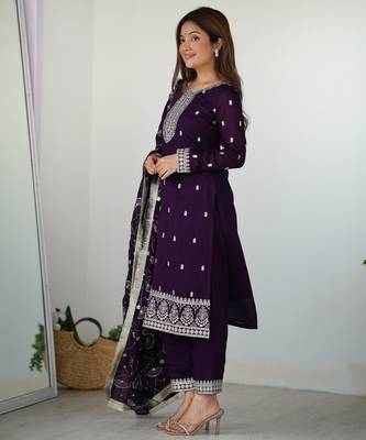 Graceful Purple Ethnic Set with White Silk Straight Kurta Pant 2