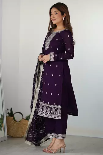 Graceful Purple Ethnic Set with White Silk Straight Kurta Pant