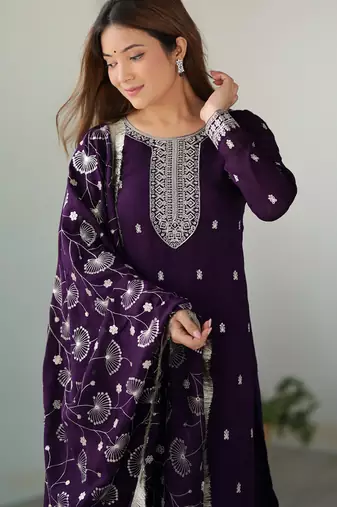 Graceful Purple Ethnic Set with White Silk Straight Kurta Pant