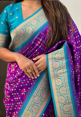 Purple silk blend saree with blouse 4
