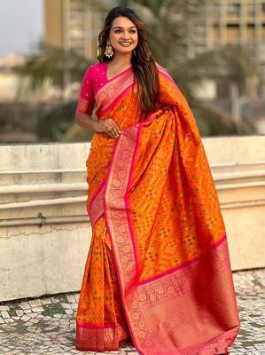 Orange silk blend saree with blouse 3