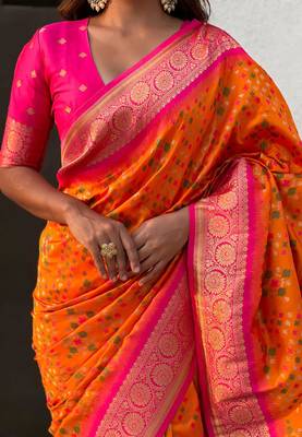 Orange silk blend saree with blouse 5