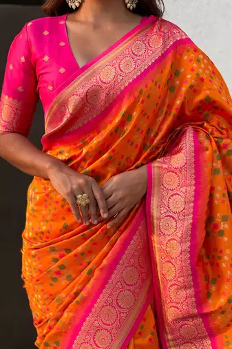 Orange silk blend saree with blouse