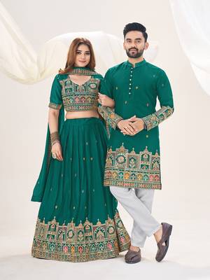 Turquoise Embroidered Lehenga & Matching Men's Kurta Set couple combo 1